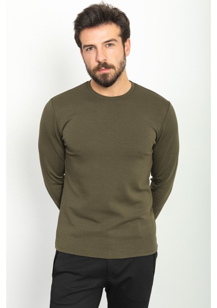 Düz Haki Rengi Slim Fit Bisiklet Yaka Uzun Kollu Basic Erkek T-Shirt fırsatları