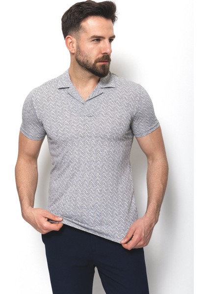 Desenli Gri Renk Slim Fit Apaç Yaka Erkek T-Shirt