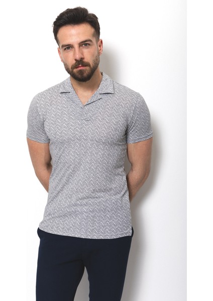 Desenli Gri Renk Slim Fit Apaç Yaka Erkek T-Shirt modelleri