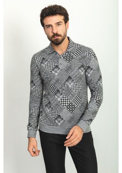 Desenli Siyah Renk Slim Fit Polo Yaka Uzun Kollu Erkek T-Shirt modelleri