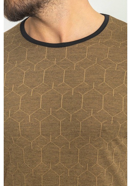 Desenli Kamel Rengi Slim Fit Bisiklet Yaka Erkek T-Shirt fiyatları