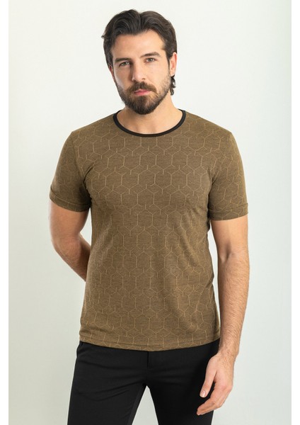 Desenli Kamel Rengi Slim Fit Bisiklet Yaka Erkek T-Shirt modelleri