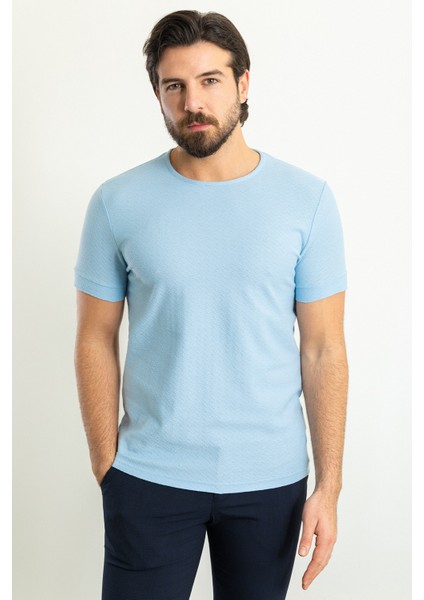 Desenli Mavi Renk Slim Fit Bisiklet Yaka Erkek T-Shirt modelleri