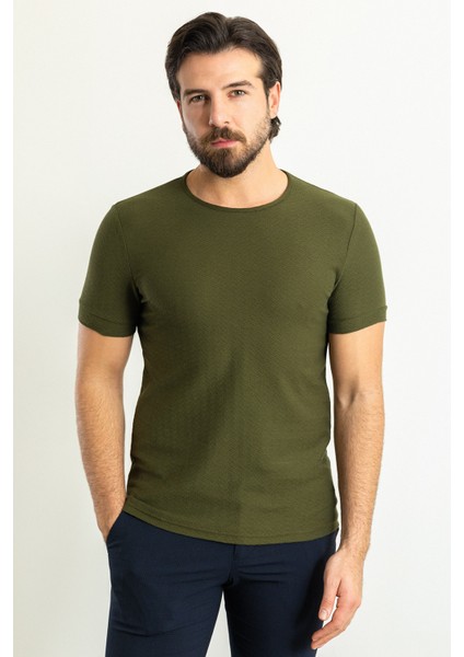 Desenli Haki Rengi Slim Fit Bisiklet Yaka Erkek T-Shirt