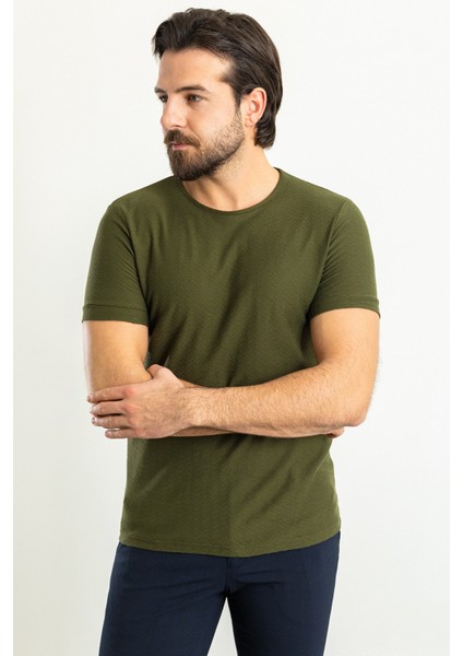 Desenli Haki Rengi Slim Fit Bisiklet Yaka Erkek T-Shirt modelleri
