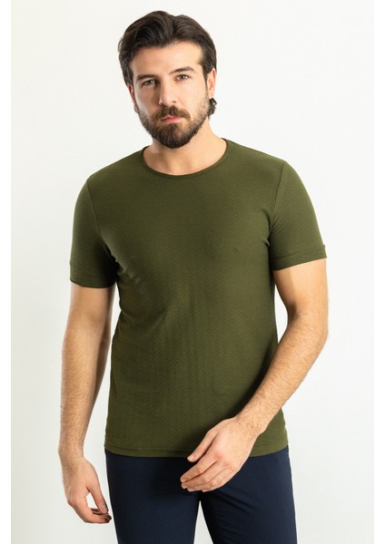 Desenli Haki Rengi Slim Fit Bisiklet Yaka Erkek T-Shirt fırsatları