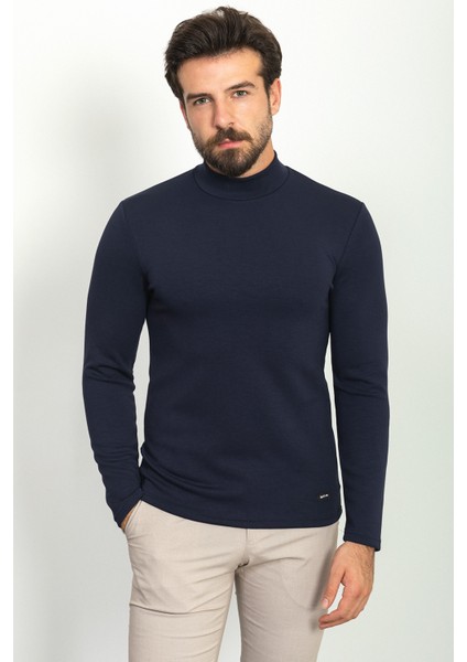 Düz Lacivert Renk Slim Fit Yarım Balıkçı Yaka Uzun Kollu Erkek T-Shirt