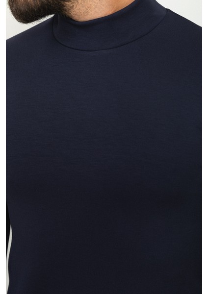 Düz Lacivert Renk Slim Fit Yarım Balıkçı Yaka Uzun Kollu Erkek T-Shirt fiyatları