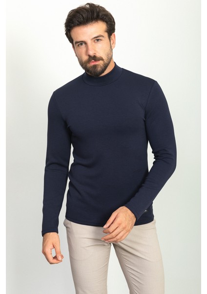 Düz Lacivert Renk Slim Fit Yarım Balıkçı Yaka Uzun Kollu Erkek T-Shirt modelleri