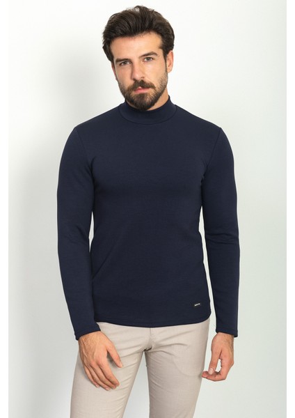 Düz Lacivert Renk Slim Fit Yarım Balıkçı Yaka Uzun Kollu Erkek T-Shirt fırsatları