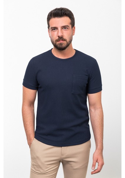 Desenli Lacivert Renk Slim Fit Bisiklet Yaka Basic Erkek T-Shirt