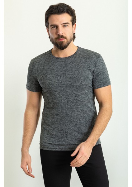Desenli Siyah Renk Slim Fit Bisiklet Yaka Erkek T-Shirt