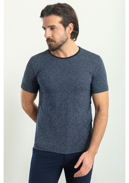 Desenli Lacivert Renk Slim Fit Bisiklet Yaka Erkek T-Shirt modelleri