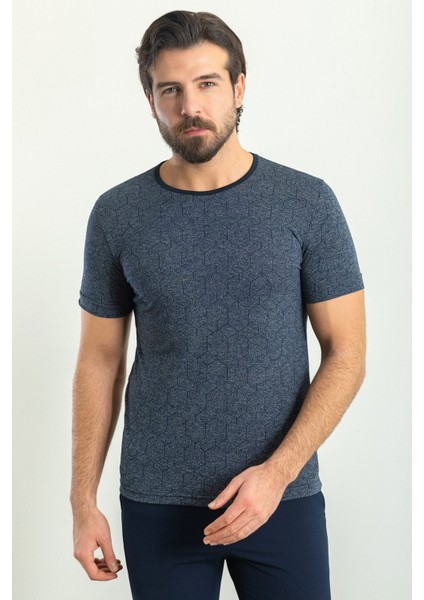 Desenli Lacivert Renk Slim Fit Bisiklet Yaka Erkek T-Shirt fırsatları