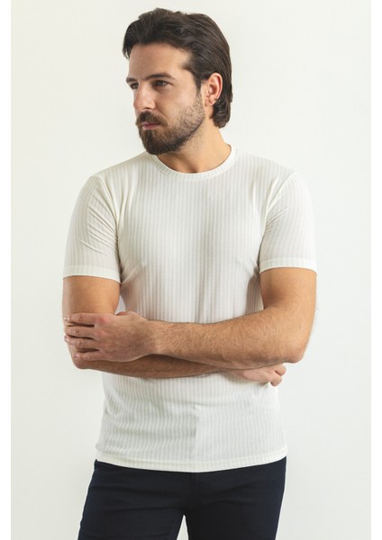 Çizgili Ekru Rengi Slim Fit Bisiklet Yaka Erkek T-Shirt modelleri