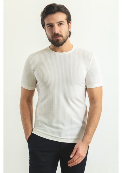 Çizgili Ekru Rengi Slim Fit Bisiklet Yaka Erkek T-Shirt fırsatları