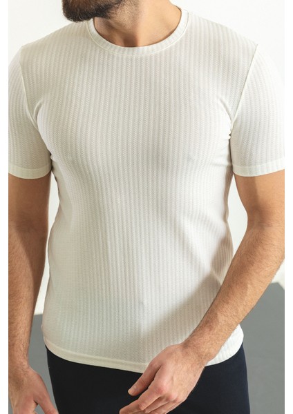 Çizgili Ekru Rengi Slim Fit Bisiklet Yaka Erkek T-Shirt indirimleri