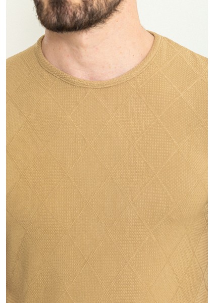 Kareli Desenli Bej Rengi Slim Fit Bisiklet Yaka Erkek T-Shirt fiyatları
