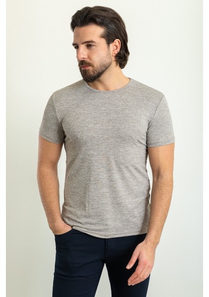 Desenli Kahverengi Slim Fit Bisiklet Yaka Erkek T-Shirt