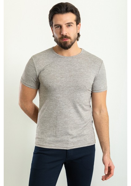 Desenli Kahverengi Slim Fit Bisiklet Yaka Erkek T-Shirt modelleri
