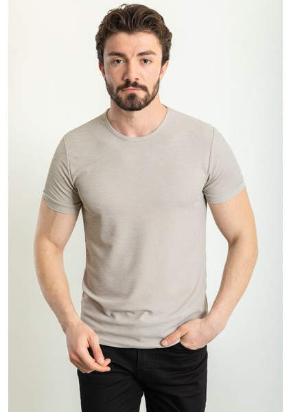 Düz Gri Renk Slim Fit Bisiklet Yaka Erkek T-Shirt
