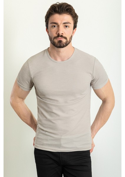 Düz Gri Renk Slim Fit Bisiklet Yaka Erkek T-Shirt modelleri