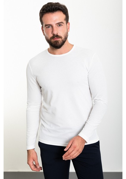 Düz Ekru Slim Fit Bisiklet Yaka Uzun Kollu Erkek T-Shirt