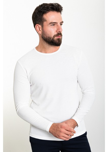 Düz Ekru Slim Fit Bisiklet Yaka Uzun Kollu Erkek T-Shirt modelleri