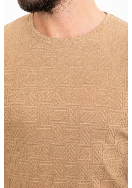 Desenli Bej Slim Fit Bisiklet Yaka Uzun Kollu Erkek T-Shirt fiyatları
