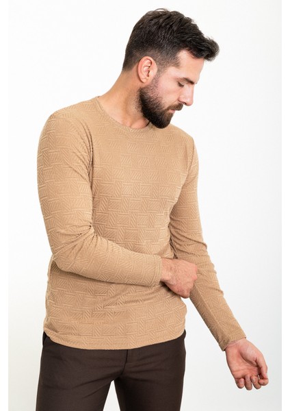 Desenli Bej Slim Fit Bisiklet Yaka Uzun Kollu Erkek T-Shirt modelleri