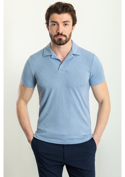 Kareli Desenli Mavi Renk Slim Fit Apaç Yaka Erkek T-Shirt fırsatları