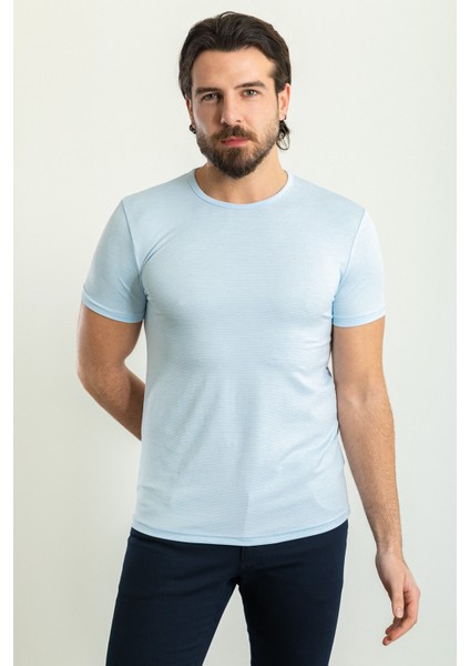 Desenli Mavi Renk Slim Fit Bisiklet Yaka Erkek T-Shirt