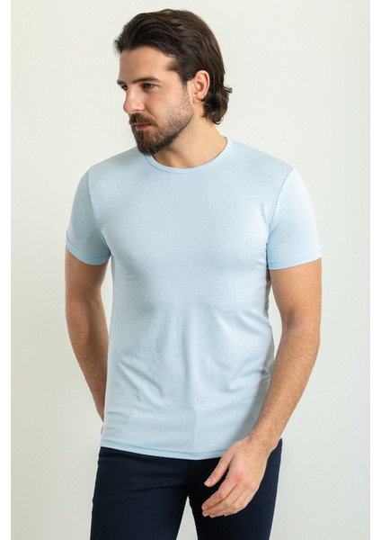 Desenli Mavi Renk Slim Fit Bisiklet Yaka Erkek T-Shirt modelleri