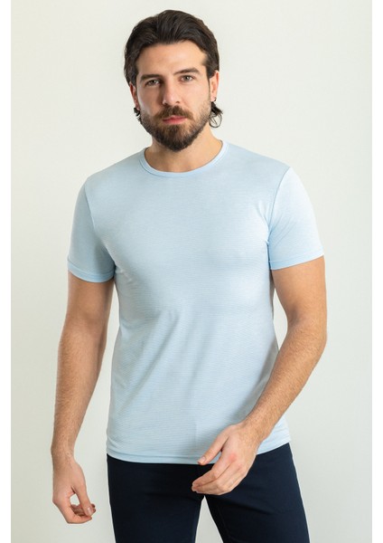 Desenli Mavi Renk Slim Fit Bisiklet Yaka Erkek T-Shirt fırsatları