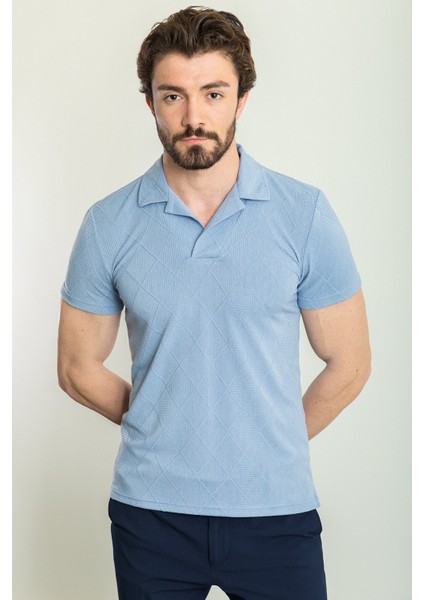 Kareli Desenli Mavi Renk Slim Fit Apaç Yaka Erkek T-Shirt