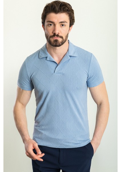Kareli Desenli Mavi Renk Slim Fit Apaç Yaka Erkek T-Shirt modelleri