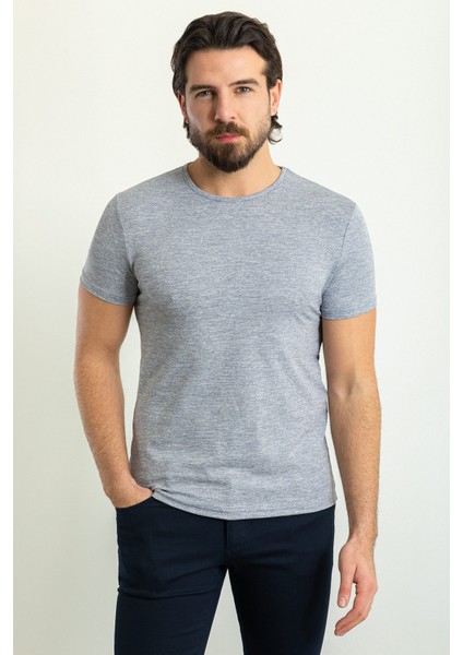 Desenli Lacivert Renk Slim Fit Bisiklet Yaka Erkek T-Shirt