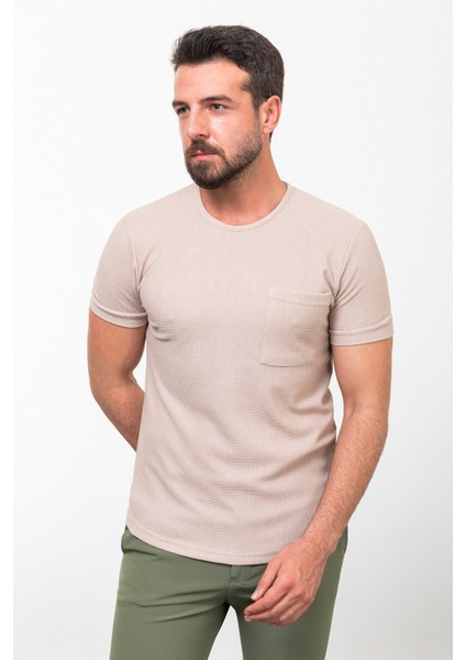 Desenli Bej Rengi Slim Fit Bisiklet Yaka Basic Erkek T-Shirt