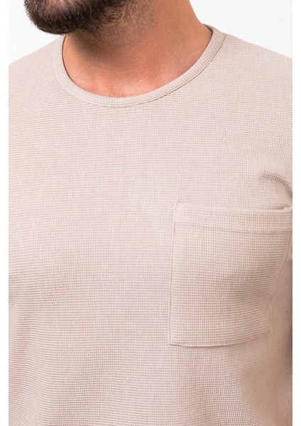 Desenli Bej Rengi Slim Fit Bisiklet Yaka Basic Erkek T-Shirt fiyatları