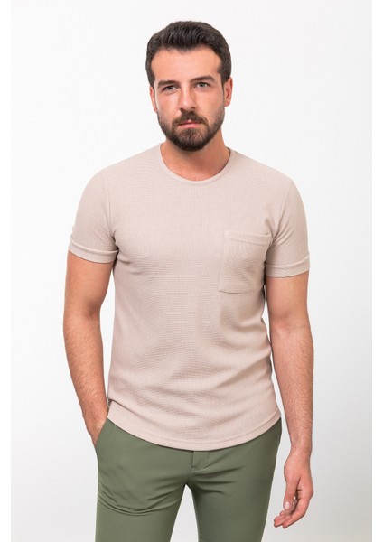 Desenli Bej Rengi Slim Fit Bisiklet Yaka Basic Erkek T-Shirt modelleri