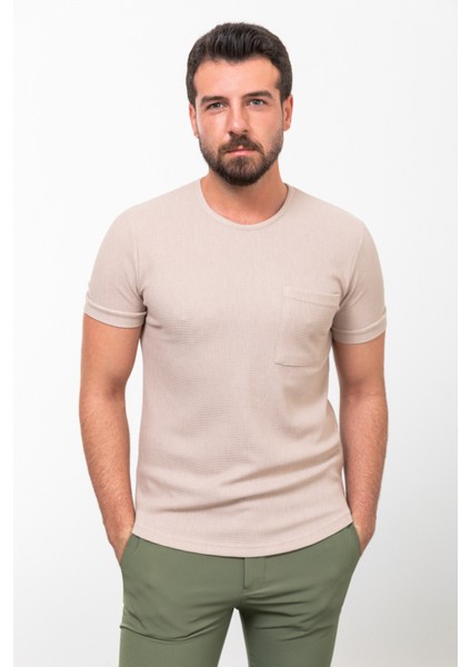 Desenli Bej Rengi Slim Fit Bisiklet Yaka Basic Erkek T-Shirt fırsatları