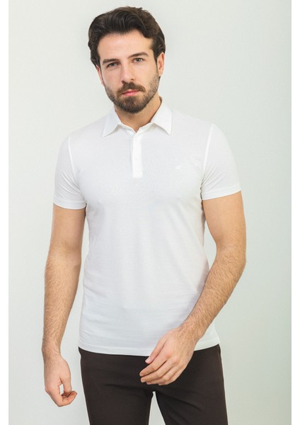 Düz Ekru Rengi Slim Fit Polo Yaka Basic Erkek T-Shirt