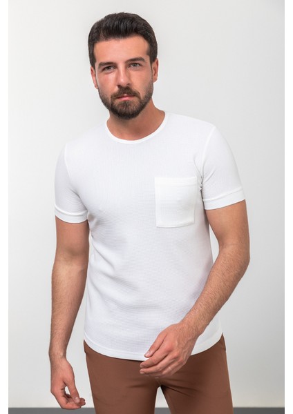 Desenli Ekru Rengi Slim Fit Bisiklet Yaka Basic Erkek T-Shirt