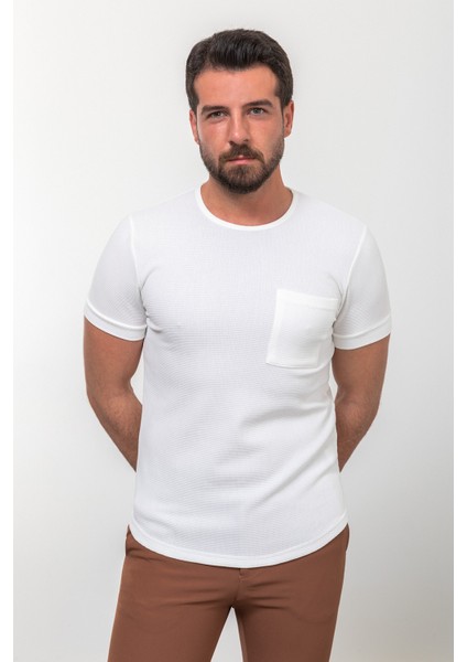 Desenli Ekru Rengi Slim Fit Bisiklet Yaka Basic Erkek T-Shirt modelleri