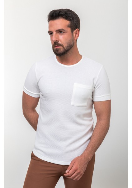 Desenli Ekru Rengi Slim Fit Bisiklet Yaka Basic Erkek T-Shirt fırsatları