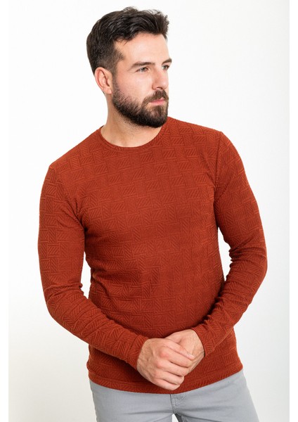 Desenli Kiremit Slim Fit Bisiklet Yaka Uzun Kollu Erkek T-Shirt fırsatları