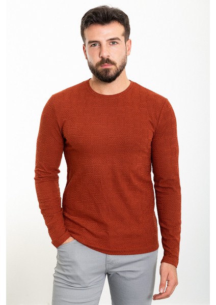 Desenli Kiremit Slim Fit Bisiklet Yaka Uzun Kollu Erkek T-Shirt