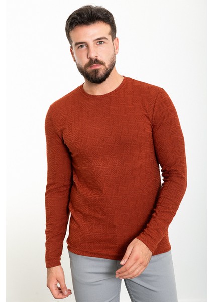 Desenli Kiremit Slim Fit Bisiklet Yaka Uzun Kollu Erkek T-Shirt modelleri