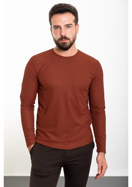 Düz Kiremit Rengi Slim Fit Bisiklet Yaka Uzun Kollu Erkek T-Shirt