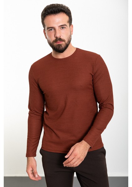 Düz Kiremit Rengi Slim Fit Bisiklet Yaka Uzun Kollu Erkek T-Shirt modelleri